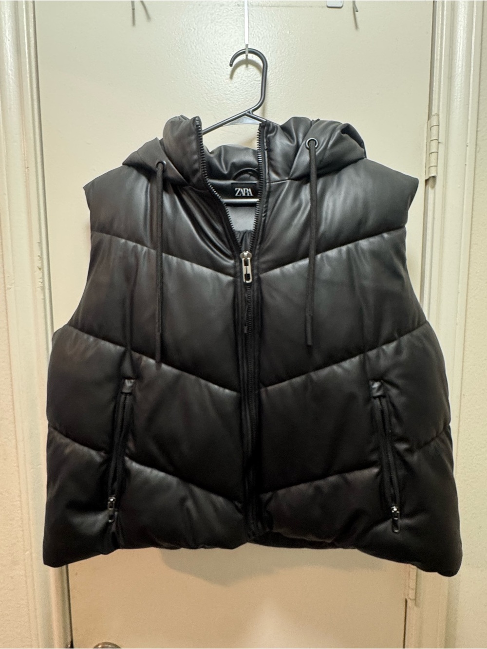 ZARA Black Quilted Hooded Faux Leather Vest
